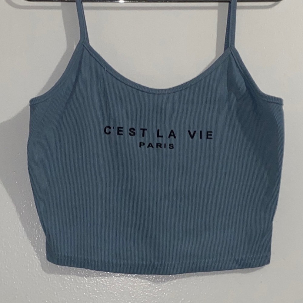 tank top/crop top kinda bluish color cotton material and stretchy